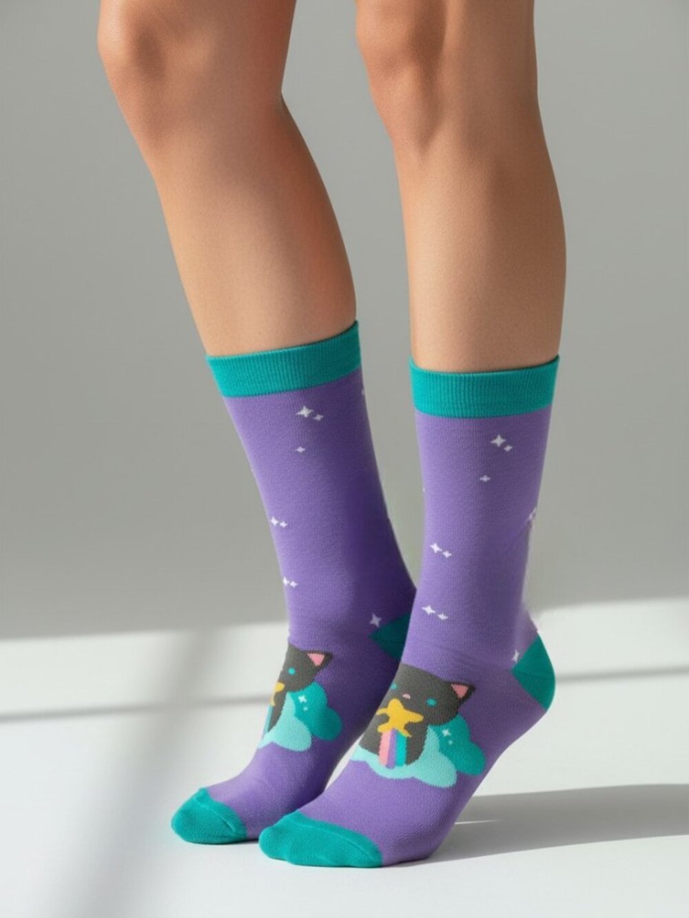 New Black Cat Kitten Kitty Purple Shooting Star Rainbow Lady Woman's Socks 7-10